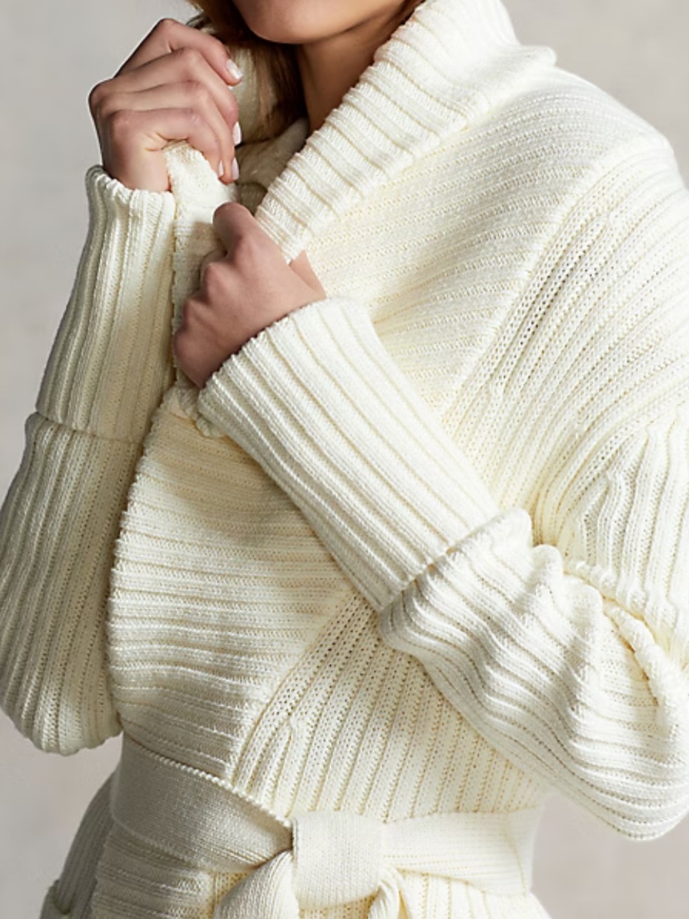 Polo Ralph Lauren Shawl-Collar Cardigan XS Ivory 100% Cotton Belted Sweater $495 - Picture 2 of 5